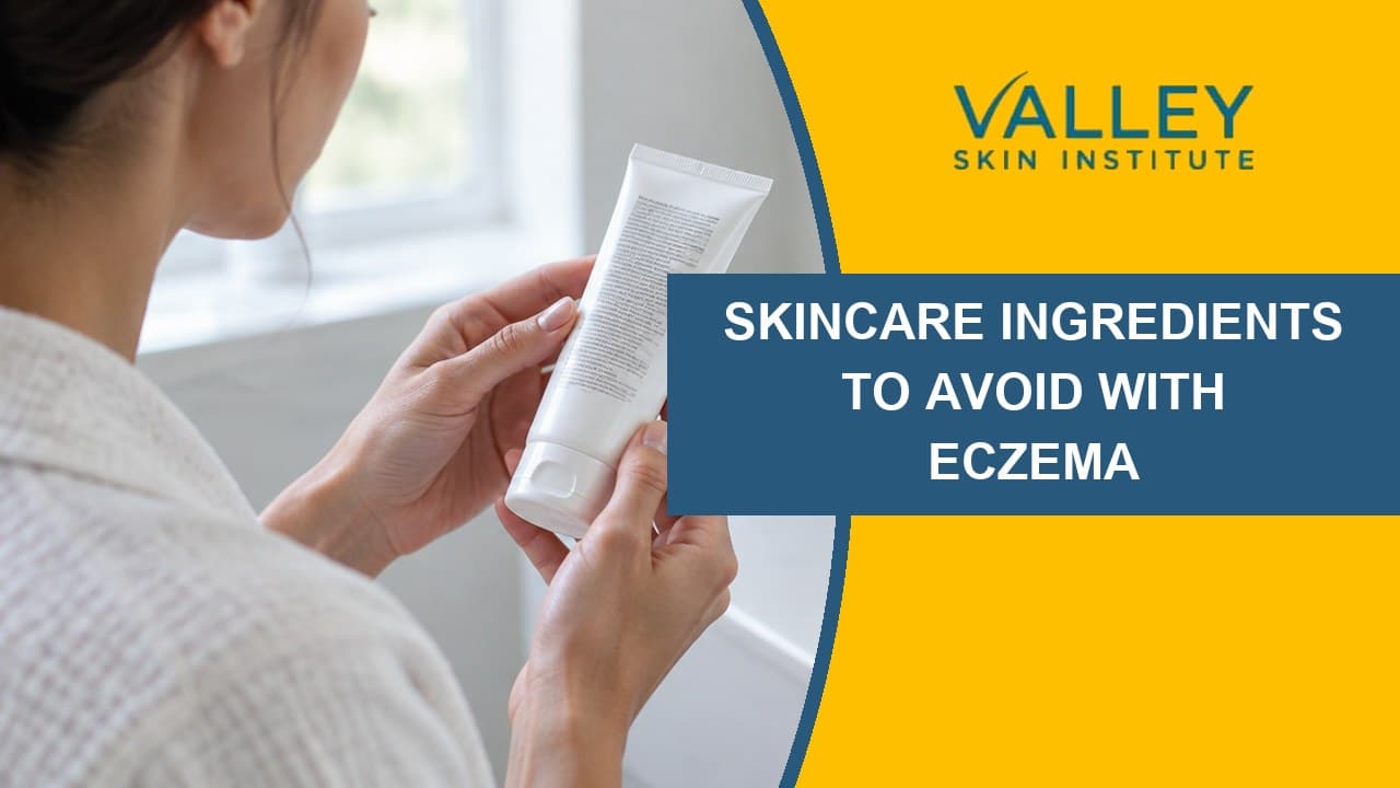 Woman reading a skincare label to check ingredients to avoid with eczema